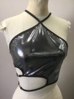 Womens, Top, HEY BABY, Silver, Black, Nylon, Lycra, Dots, M, Metallic Silver Finely Dotted Stretch, Black 1/4" Edging/Trim/Straps, Crossed Halter Straps, Side Cut Outs/Openings with 2 Black Straps and Silver Clasp Closures, Cropped Length