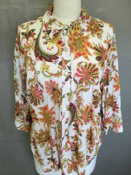 KAREN SCOTT, Cream, Red, Brown, Yellow, Green, Cotton, Paisley/Swirls, Floral, Multi Color Floral, Long Sleeves, Button Front,