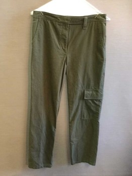 Tibi, Olive Green, Cotton, Solid, Cargo Pocket, Back Pockets, Belt Loops, Extended Tab Waistband Closure, Straight Leg