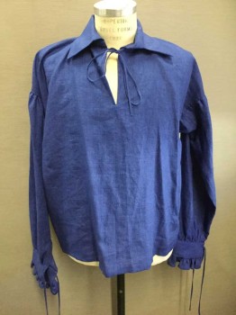 Mens, Historical Fiction Shirt, N/L, Blue, Linen, Solid, S, Long Sleeves, Pullover, Wide Collar Attached, Self Tie At Neck, Puffy Sleeves, Ruffles And Self Ties At Cuffs