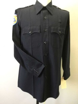 URBAN DEFENDER, Navy Blue, Wool, Solid, Summer Wool, Button Front, Long Sleeves, 2 Batwing Flap Pocket, Badge Holder, Epaulets,