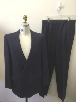 Mens, Suit, Jacket, BURBERRY'S, Navy Blue, White, Wool, Stripes - Pin, 40L, Navy with White Pinstripe, Double Breasted, Peaked Lapel, 3 Pockets, 1990's
