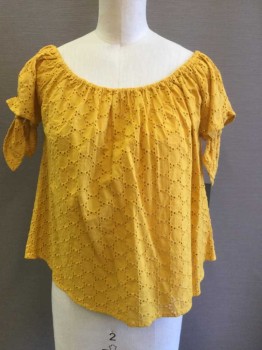 Womens, Top, UNIVERSAL THREAD, Mustard Yellow, Cotton, Geometric, XS, Eyelet with Circles Pattern, Short Sleeves, Wide Elastic Scoop Neck, Self Tie Sleeves, Pullover
