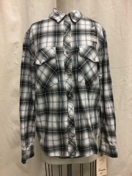 FOREVER 21, White, Beige, Black, Gray, Cotton, Plaid, White,/beige/black/gray Plaid, Snap Front, Collar Attached, Long Sleeves, 2 Flap Pockets, Distressed