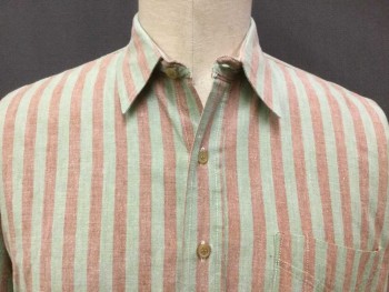 EDDIE BAUER, Green, Red, Cotton, Polyester, Stripes - Vertical , Heathered, Faded Heather Mint Green and Red, Collar Attached, Button Front, Long Sleeves, 1 Pocket