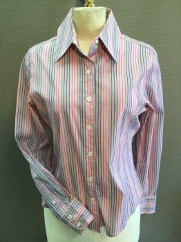 Womens, Blouse, FACONNABLE, Lt Pink, Lt Gray, Purple, Fuchsia Pink, Cotton, Stripes - Vertical , XS, Heather Light Pink & Gray W/purple & Fuchsia Pin-stripes, Collar Attached, Button Front, Long Sleeves,