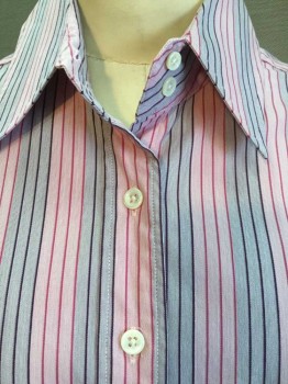 Womens, Blouse, FACONNABLE, Lt Pink, Lt Gray, Purple, Fuchsia Pink, Cotton, Stripes - Vertical , XS, Heather Light Pink & Gray W/purple & Fuchsia Pin-stripes, Collar Attached, Button Front, Long Sleeves,