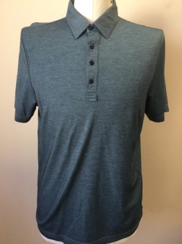 TRAVIS MATHEW, Teal Blue, Cotton, Polyester, Heathered, Heather Teal Blue, Collar Attached,  4 Blue Button Front, Short Sleeves,