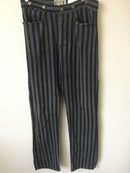 CLASSIC OLD WEST STY, Gray, Black, Cotton, Stripes - Vertical , Gray and Black Vertical Stripes, Button Fly, Gold Suspender Buttons at Outside Waist, 4 Pockets (Including 1 Watch Pocket and 1 Welt Pocket in Back), Belted Back, Reproduction "Old West" Wear