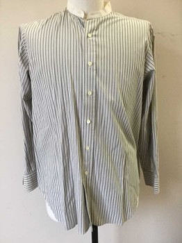 N/L, White, Gray, Cotton, Stripes - Pin, Stripes - Vertical , White with Gray Vertical Stripes and Triple Pin Stripes, Long Sleeve Button Front, Solid White Band Collar,  Button Cuffs, Made To Order