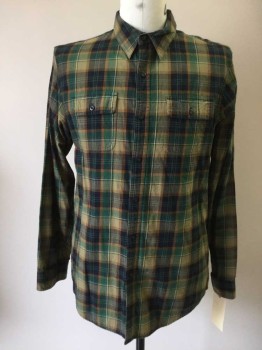 BEAN SIGNATURE, Green, Navy Blue, Orange, Olive Green, Cotton, Plaid, Button Front, Collar Attached, Long Sleeves, 2 Flap Pockets