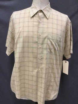 VAN HEUSEN, Tan Brown, Brown, White, Red, Polyester, Cotton, Plaid, Short Sleeve, Collar Attached, Button Front,
