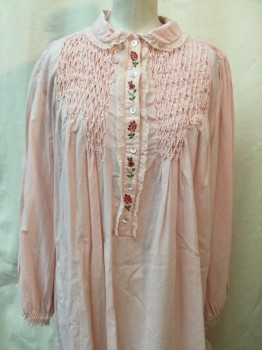 Womens, Nightgown, HOPELESS ROMANTIC, Lt Pink, Cotton, Solid, S, Lt Pink, Red/green Floral Embroiderred Button Placket, Smocked Yolk, Collar Attached, with Lace Trim, Long Sleeves  Double