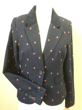 Womens, Blazer, MOD CLOTH, Navy Blue, Red-Orange, Polyester, Wool, Polka Dots, S, Single Breasted, 2 Buttons, 1/2 Corduroy Notched Lapel, Corduroy Pocket Flaps