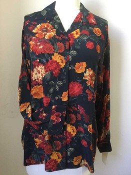 JONES NY, Navy Blue, Red, Orange, Olive Green, Silk, Floral, Button Front, Collar Attached, Long Sleeves, 1990's