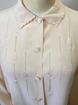 N/L, Peach Orange, Silk, Solid, Soft Peach-orange, Collar Attached, Collar Attached W/flower & scallop Embroidery Trim, Button Front, Fagotting Vertical Embroidery Detail Work Front, Long Sleeves,