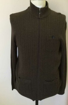 Mens, Cardigan Sweater, TASSO ELBA, Dk Brown, Cotton, Polyester, Solid, S, Zip Up Cardigan, Long Sleeves, 3 Pockets, Ribbed Knit Band Collar/Waistband/Cuff