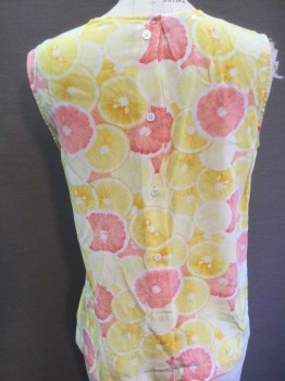 EQUIPMENT, Yellow, Pink, White, Silk, Novelty Pattern, Grapefruit/Lemon Novelty Print, Sleeveless, Button Back Hidden Placket