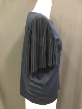 Womens, Top, ANN TAYLOR, Navy Blue, Cotton, Polyester, Solid, L, Pullover, Crew Neck T-shirt with Sheer Fortuni Pleated Sleeves