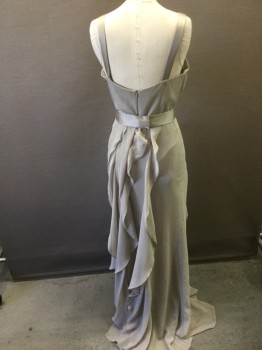 Womens, Evening Gown, VERA WANG, Taupe, Polyester, Solid, 8, Crinkled Texture Sheer Chiffon, Sleeveless, Wrapped V-neck, 3 Horizontal Tiers of Ruffles From Waist to Hem, Drapey Grecian Look, Floor Length, **2 Piece - with Matching BELT - Taupe Satin, 1.5" Wide