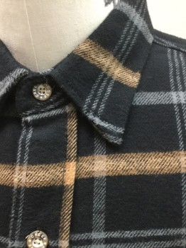 MOOSE CREEK, Black, Brown, Gray, Cotton, Plaid-  Windowpane, Heavy Flannel, Long Sleeve Button Front, Collar Attached, 2 Flap Pockets with Button Closures, **Has a Double