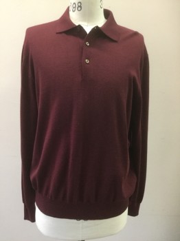 Mens, Pullover Sweater, CARROLL & CO., Red Burgundy, Wool, Solid, M, 3 Buttons Placket, Collar Attached, Long Sleeves, Ribbed Knit Cuff/Waistband