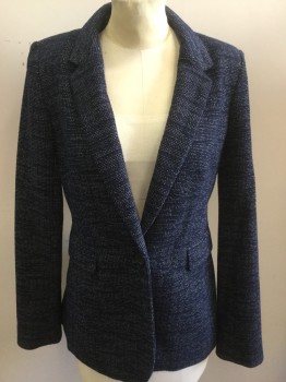 Womens, Blazer, DKNY, Navy Blue, White, Wool, Novelty Pattern, 4, Dotted and Stripe Weave, Notched Lapel, One Button Front, Pocket Flaps