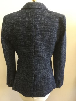 Womens, Blazer, DKNY, Navy Blue, White, Wool, Novelty Pattern, 4, Dotted and Stripe Weave, Notched Lapel, One Button Front, Pocket Flaps