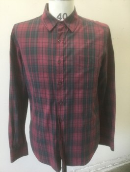 BARNEY'S NEW YORK, Maroon Red, Black, Navy Blue, Cotton, Plaid, Long Sleeve Button Front, Collar Attached, 1 Patch Pocket