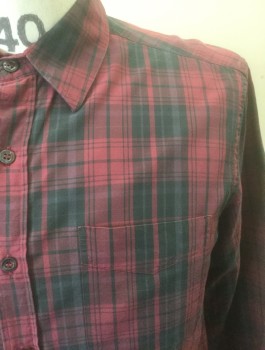 BARNEY'S NEW YORK, Maroon Red, Black, Navy Blue, Cotton, Plaid, Long Sleeve Button Front, Collar Attached, 1 Patch Pocket