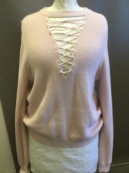 FOREVER 21, Baby Pink, Cotton, Acrylic, Solid, Rib Knit, Crew Neck, Long Sleeves, Plunging Open V-neck, with Lacing,