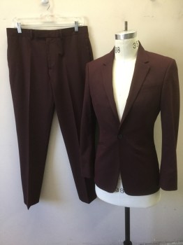 TOPMAN, Red Burgundy, Polyester, Viscose, Solid, Single Breasted, Notched Lapel, 1 Button, 3 Pockets, Solid Black Lining