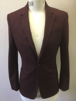 TOPMAN, Red Burgundy, Polyester, Viscose, Solid, Single Breasted, Notched Lapel, 1 Button, 3 Pockets, Solid Black Lining