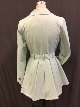 Womens, Coat, Trenchcoat, BLACK RIVER, Mint Green, Poly/Cotton, Solid, S, Double Breasted, Wide Notched Lapel. Matching Self Belt. Skirt at Back of Coat, Box Pleated to Waistline