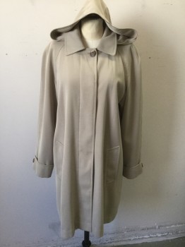 Womens, Coat, Trenchcoat, GALLERY, Khaki Brown, Polyester, Solid, S, Single Breasted, Raglan Sleeves, **Detachable Hood, Hidden/Covered Button Placket, Below Hip Length, Slightly Flared Shape, 2 Hip Pockets