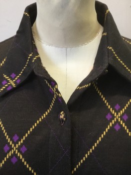 LEONA EDMISTON, Espresso Brown, Mustard Yellow, Purple, Synthetic, Argyle, Espresso Dark Brown with Mustard and Purple Argyle Diamond Stripe Pattern, Knit, Long Sleeves, Shirtwaist, A-line Skirt With Hem Above Knee,  Collar Attached, Reproduction **Has Matching Fabric Belt