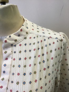 N/L, Cream, Pink, Baby Blue, Lime Green, Brown, Synthetic, Diamonds, Geometric, Cream with Pastel Diamonds Pattern on Top, Bottom Half is Diamonds with Geometric Rectangular Panels, 3/4 Sleeve, Band Collar with Notch at Center Front Bust, Bust is Chemically Pleated Into Shoulder Yoke, Knee Length,