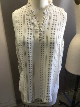 ANN TAYLOR, Off White, Black, Silk, Geometric, Stripes, Ruffled Crew Neck, Covered Button and Loop Neck, Sleeveless