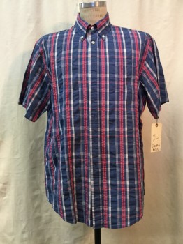 BROOKS BROTHERS, Blue, Hot Pink, White, Cotton, Plaid, Blue/ Hot Pink/ White Plaid, Button Front, Button Down Collar, Short Sleeves, 1 Pocket,