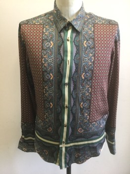ZARA MAN, Multi-color, Terracotta Brown, French Blue, Green, Gray, Polyester, Abstract , Paisley/Swirls, Funky Paisley/Etc Pattern, Long Sleeve Button Front, Collar Attached **Tag Says Large, Fits Like a Medium