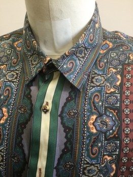 ZARA MAN, Multi-color, Terracotta Brown, French Blue, Green, Gray, Polyester, Abstract , Paisley/Swirls, Funky Paisley/Etc Pattern, Long Sleeve Button Front, Collar Attached **Tag Says Large, Fits Like a Medium