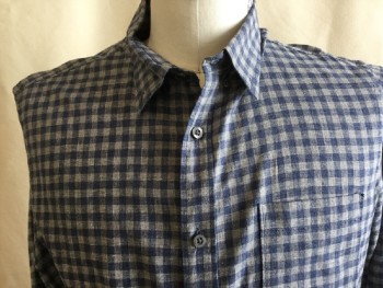 1901, Blue, Heather Gray, Linen, Cotton, Check , Collar Attached, Button Down, Button Front, 1 Pocket, Long Sleeves, Fitted/Slim Fit,