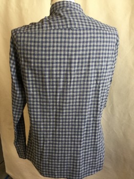 1901, Blue, Heather Gray, Linen, Cotton, Check , Collar Attached, Button Down, Button Front, 1 Pocket, Long Sleeves, Fitted/Slim Fit,