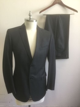 Mens, Suit, Jacket, Z.ZEGNA, Charcoal Gray, Rayon, Solid, 42L, Single Breasted, Notched Lapel, 2 Buttons, 3 Pockets, Hand Picked Stitching at Lapel, Black Lining, High End