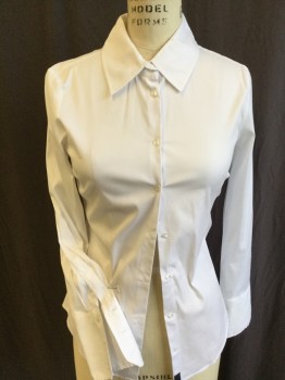 ZARA, White, Cotton, Elastane, Solid, Collar Attached, Button Front, Long Sleeves,