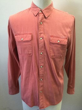 LUCKY BRAND, Faded Red, Lyocell, Cotton, Solid, Long Sleeve, Snap Front, Collar Attached, 2 Flap Pockets with Snap Closures, Cream and Silver Snaps