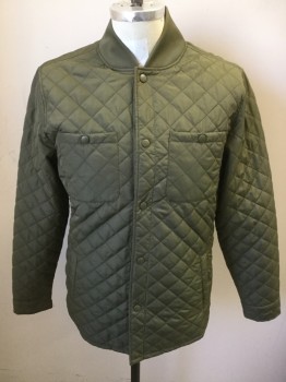 Mens, Casual Jacket, ARIZONA, Olive Green, Polyester, Solid, Diamonds, Medium, Snap Front, Quilted, 4 Pockets, Rib Knit Collar