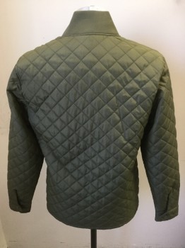 Mens, Casual Jacket, ARIZONA, Olive Green, Polyester, Solid, Diamonds, Medium, Snap Front, Quilted, 4 Pockets, Rib Knit Collar