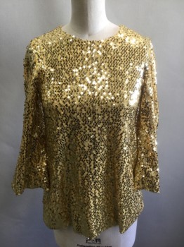 MUTO LITTLE, Gold, Butter Yellow, Polyester, Sequins, Butter Yellow Polyester Covered in Gold Paillettes/Sequins, 3/4 Sleeves, Round Neck, Slightly Flared Shape, Lapped Zipper at Center Back, Made To Order