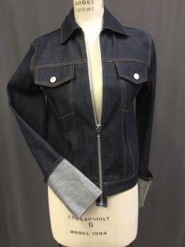 Womens, Jean Jacket, HELMUT LANG, Denim Blue, Cotton, Solid, Xs, New Dark Denim with Orange Stitch, Zip Front, 2 Flap Pocket Front, Extra Long Arms for Exaggerated Fold Up Cuff, Zipper Tape Extends Past Hem